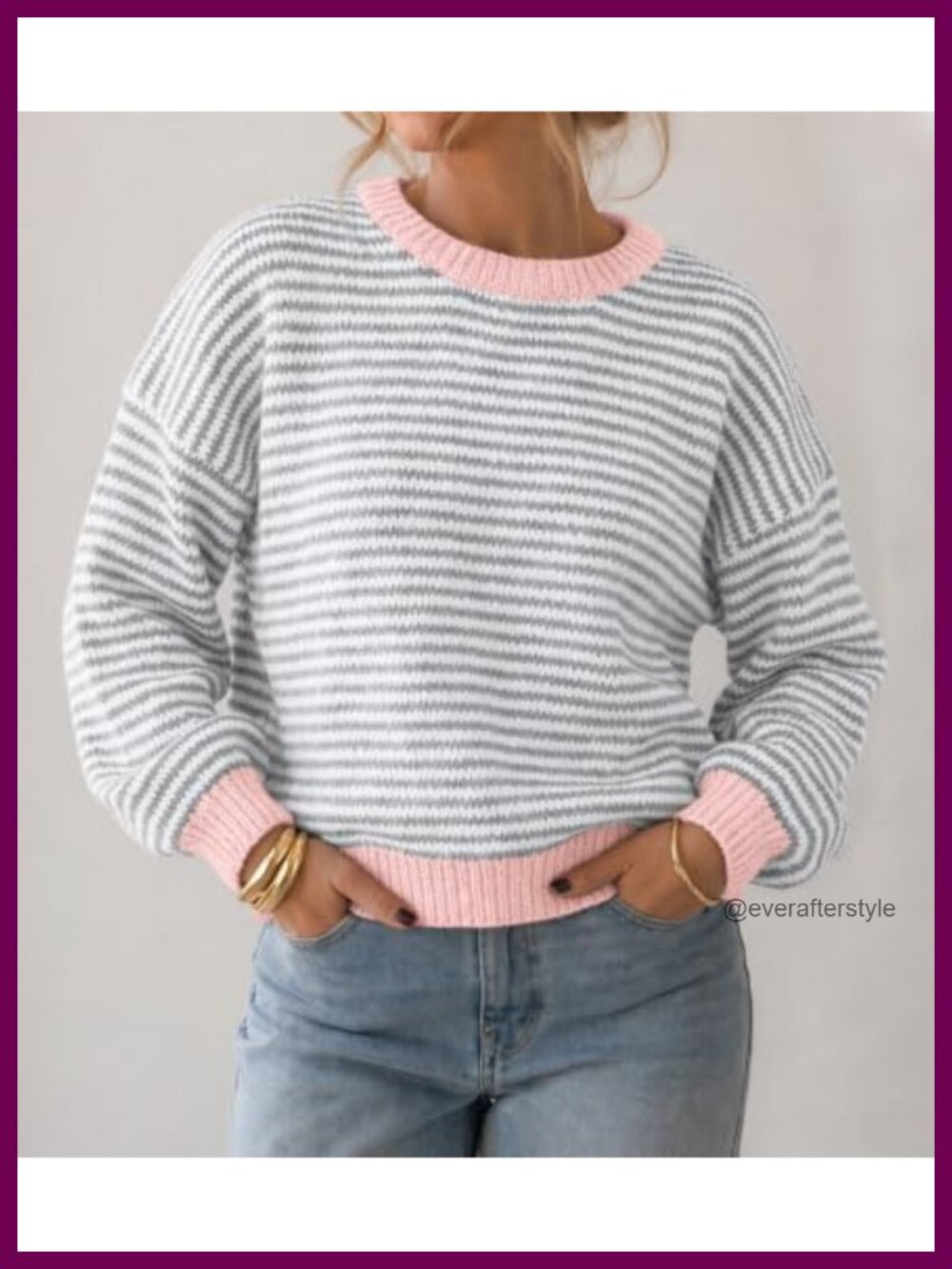 Striped Color Block Knit Pullover Sweater Loose Fit Crewneck Long Sleeve - Picture 4 of 6